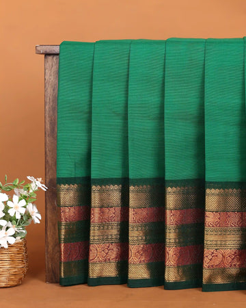 Women's Emerald Green Chettinad Cotton Saree with Maroon and Gold Zari Woven Floral Border