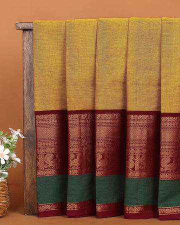 Women's Mustard Gold Chettinad Cotton Saree with Maroon Peacock Zari Border and Contrast Green Accents