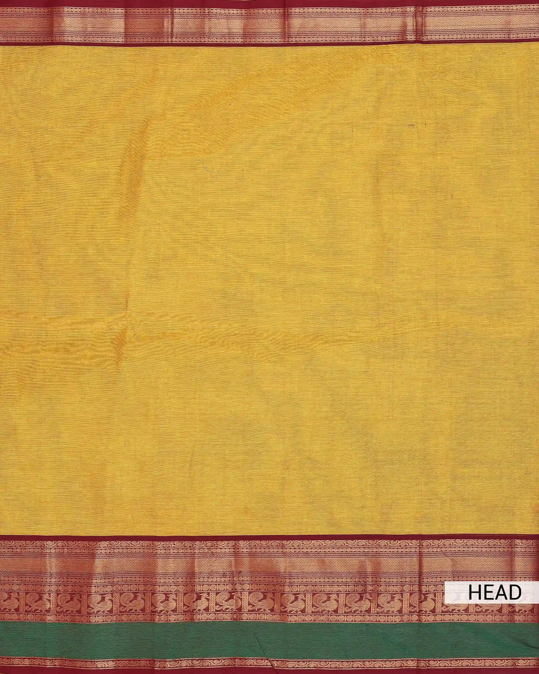 Women's Mustard Gold Chettinad Cotton Saree with Maroon Peacock Zari Border and Contrast Green Accents
