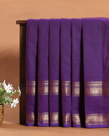 Women's Royal Purple Chettinad Cotton Saree with Traditional Gold Zari Border