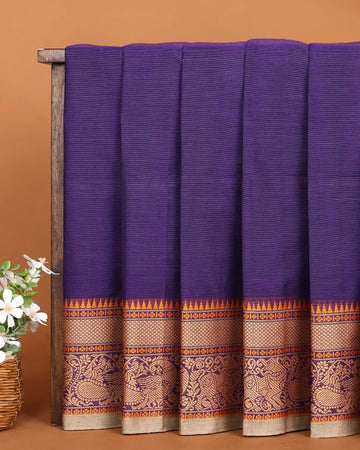 Women's Royal Purple Chettinad Cotton Saree with Traditional Peacock Motif Thread Woven Border