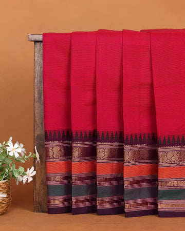 Women's Crimson Red Chettinad Cotton Saree with Traditional Multicolour Zari Woven Border