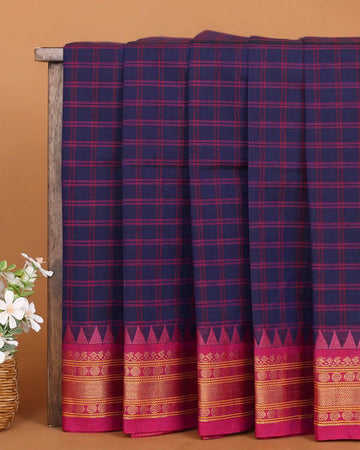 Women's Navy Blue Checked Chettinad Cotton Saree with Contrast Rani Pink Temple Motif and Gold Zari Woven Border