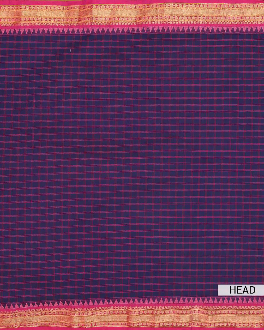 Women's Navy Blue Checked Chettinad Cotton Saree with Contrast Rani Pink Temple Motif and Gold Zari Woven Border