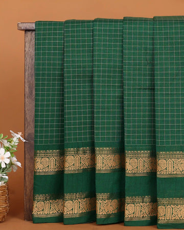 Women's Emerald Green Checked Chettinad Cotton Saree with Traditional Gold Thread Woven Paisley Border