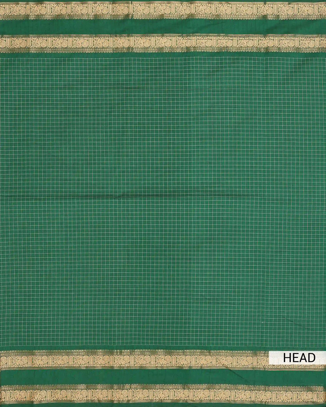 Women's Emerald Green Checked Chettinad Cotton Saree with Traditional Gold Thread Woven Paisley Border