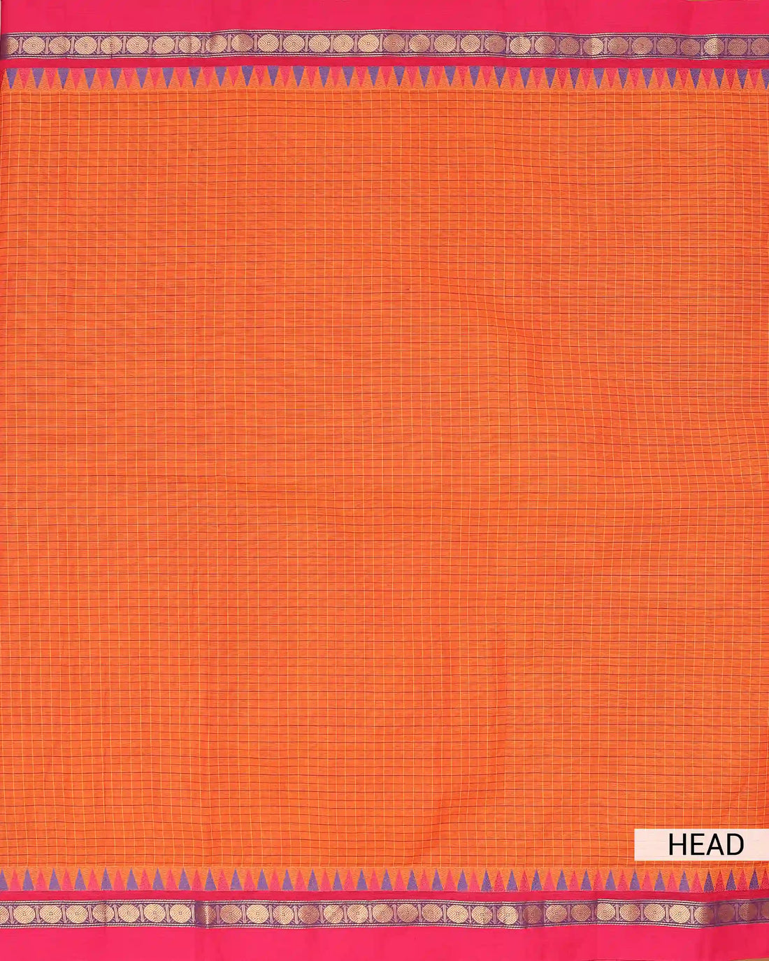 Women's Sunset Orange Checked Chettinad Cotton Saree with Multicolour Temple Motif and Contrast Pink Zari Woven Border