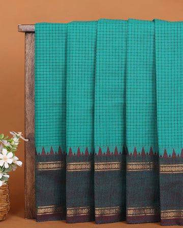 Women's Turquoise Blue Checked Chettinad Cotton Saree with Contrast Dark Green Border and Traditional Temple Motifs