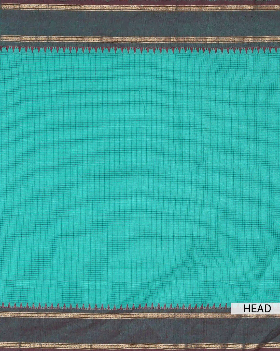 Women's Turquoise Blue Checked Chettinad Cotton Saree with Contrast Dark Green Border and Traditional Temple Motifs