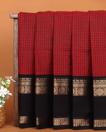 Women's Crimson Red Checked Chettinad Cotton Saree with Contrast Black and Antique Gold Zari Woven Geometric Border