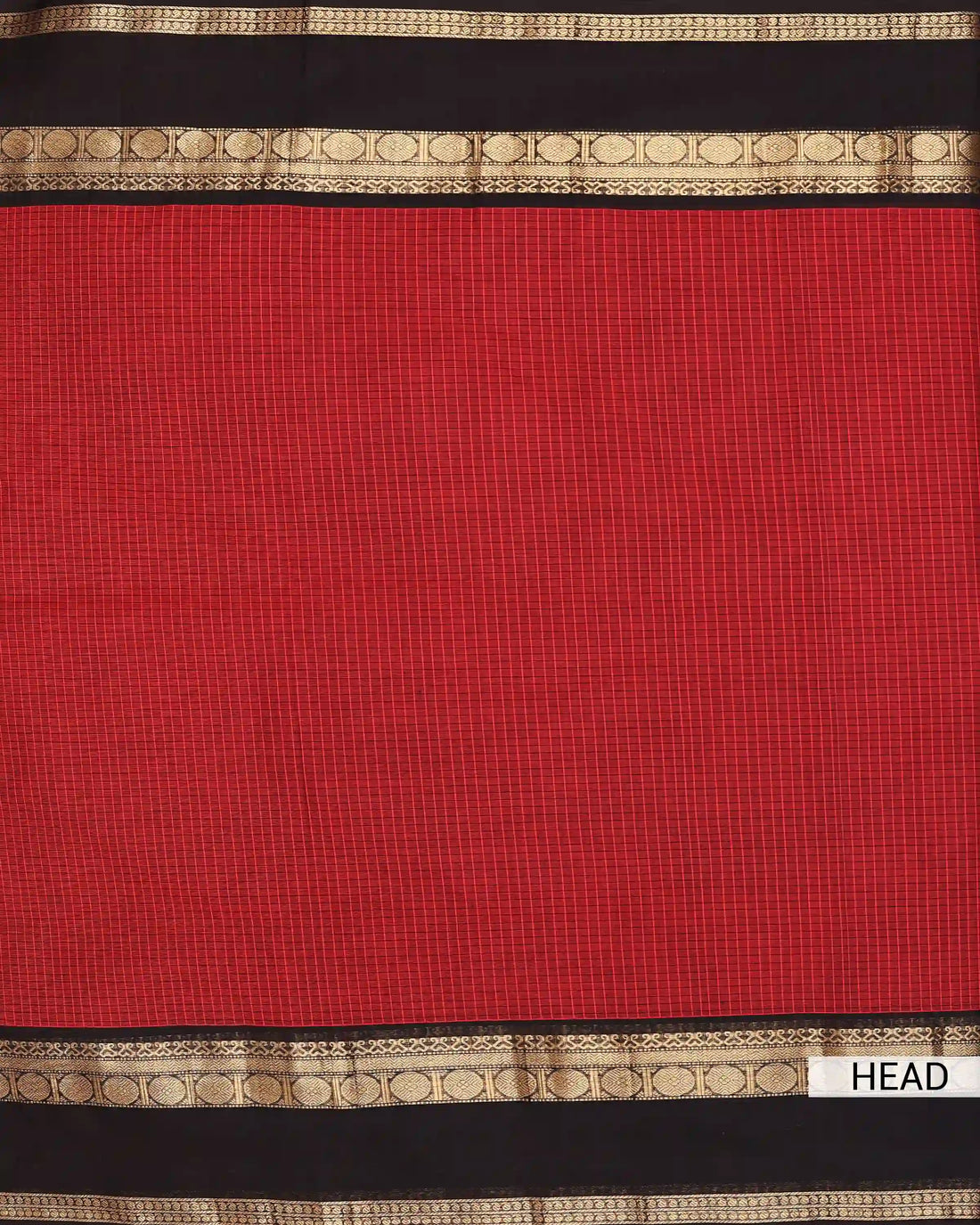 Women's Crimson Red Checked Chettinad Cotton Saree with Contrast Black and Antique Gold Zari Woven Geometric Border