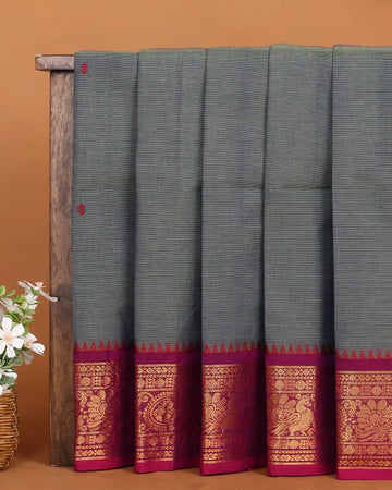 Women's Slate Grey Chettinad Cotton Saree with Contrast Magenta Pink and Gold Zari Woven Peacock Border