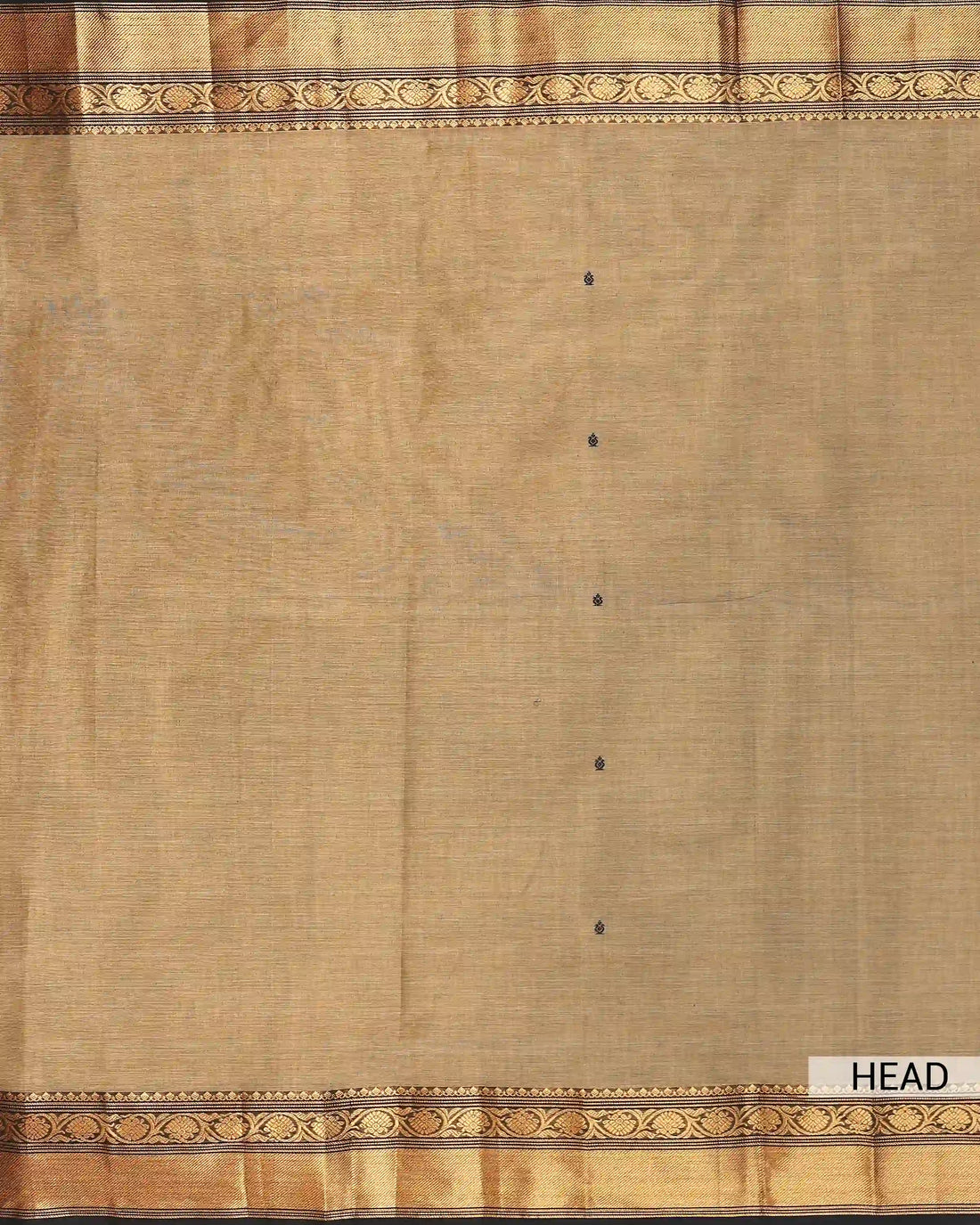 Women's Antique Beige Chettinad Cotton Saree with Black and Gold Zari Woven Floral Border