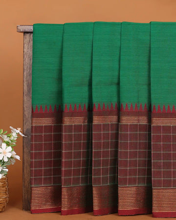 Women's Emerald Green Chettinad Cotton Saree with Contrast Maroon Checked Border and Traditional Temple Motifs