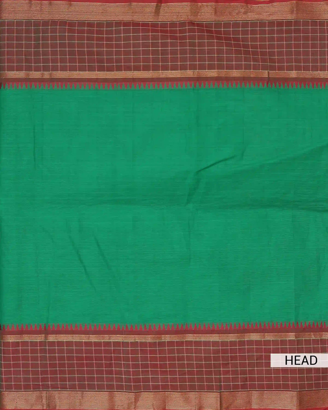 Women's Emerald Green Chettinad Cotton Saree with Contrast Maroon Checked Border and Traditional Temple Motifs