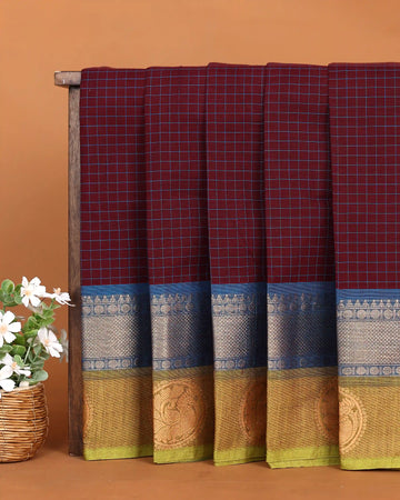 Women's Maroon Checked Chettinad Cotton Saree with Navy Blue and Gold Zari Woven Border