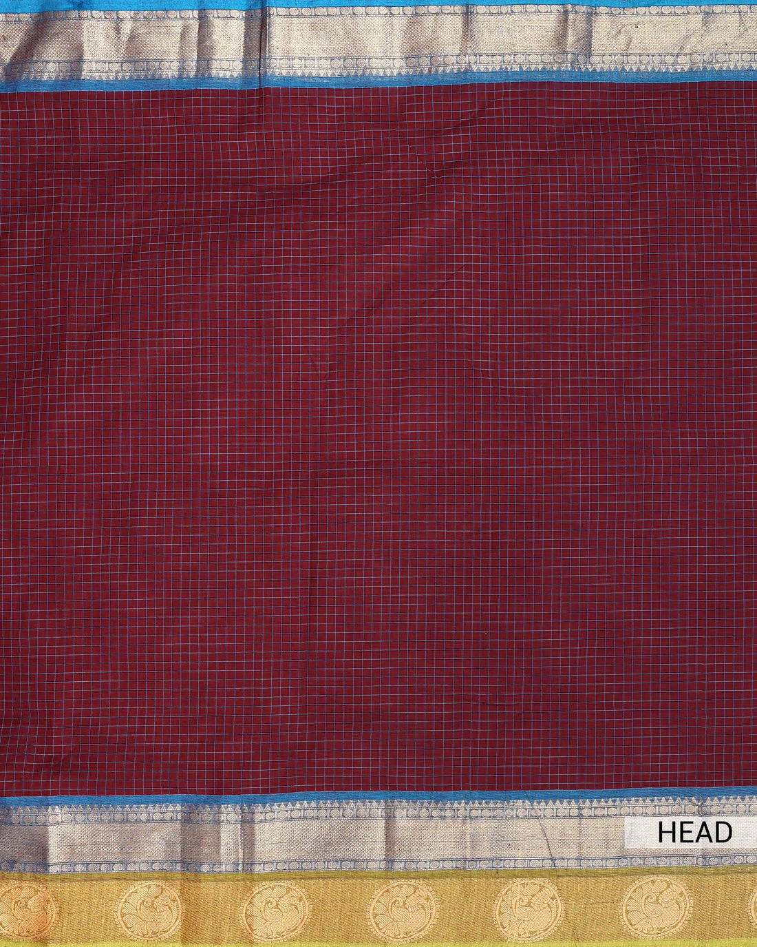 Women's Maroon Checked Chettinad Cotton Saree with Navy Blue and Gold Zari Woven Border