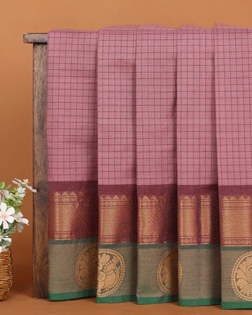 Women's Dusty Pink Checked Chettinad Cotton Saree with Maroon and Green Contrast Gold Zari Woven Border