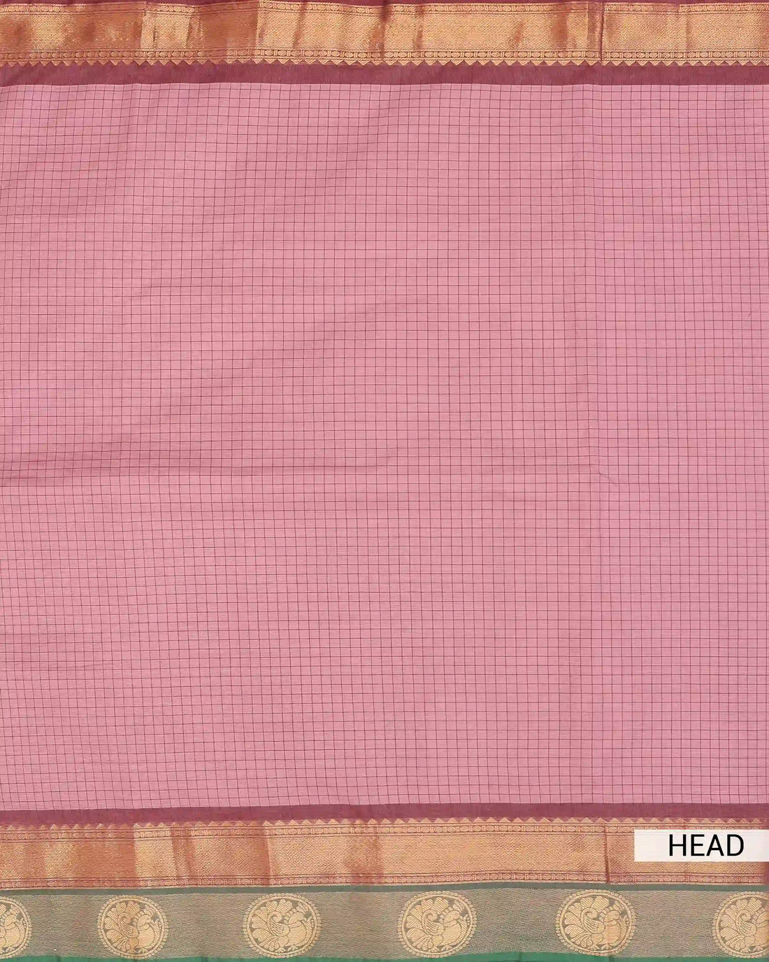 Women's Dusty Pink Checked Chettinad Cotton Saree with Maroon and Green Contrast Gold Zari Woven Border
