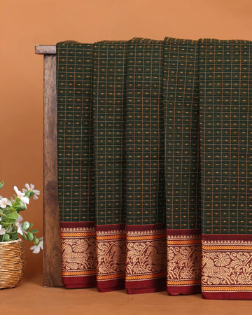 Women's Dark Bottle Green Checked Chettinad Cotton Saree with Traditional Maroon and Gold Floral Zari Woven Border