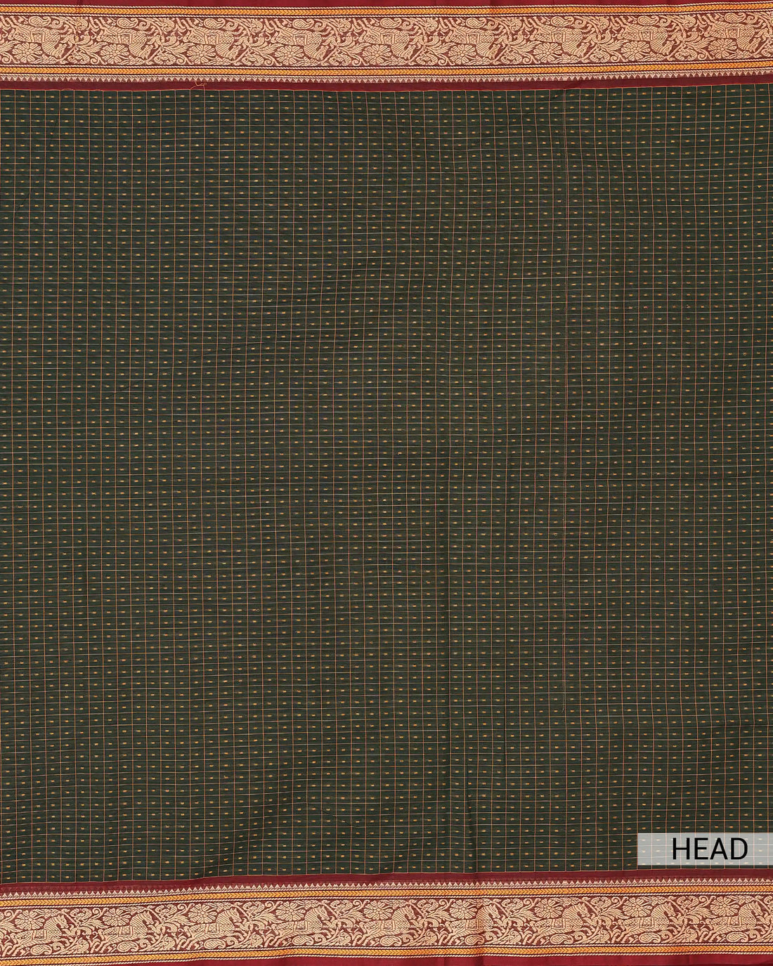Women's Dark Bottle Green Checked Chettinad Cotton Saree with Traditional Maroon and Gold Floral Zari Woven Border
