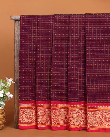 Deep Wine Purple Checked Chettinad Cotton Saree with Contrast Red and Gold Floral Zari Woven Border
