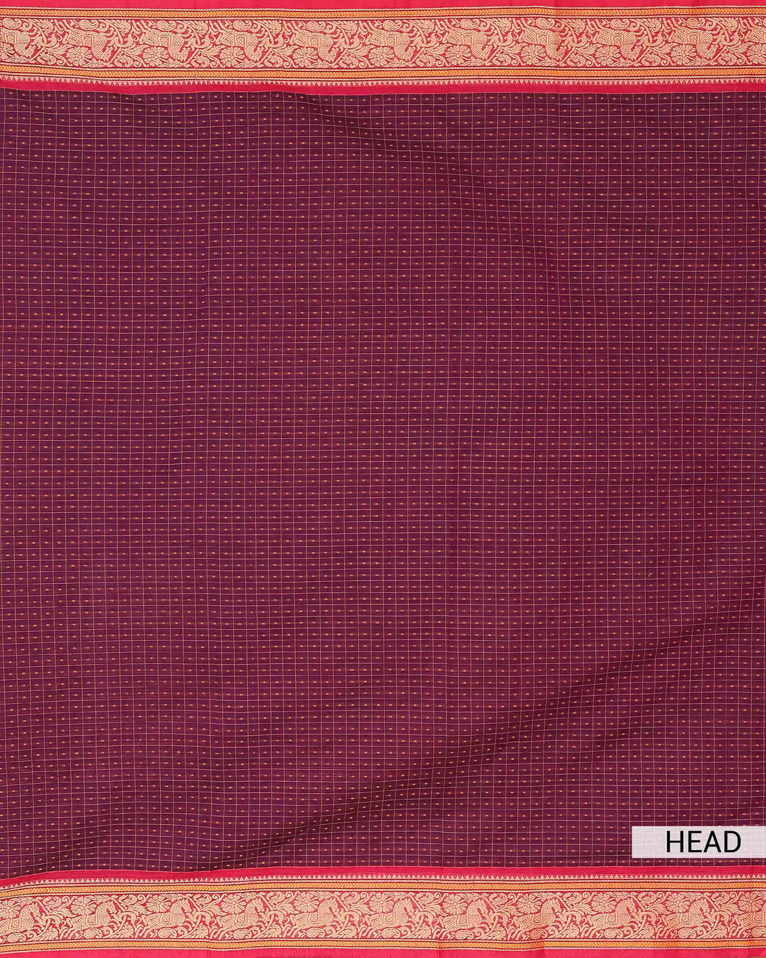 Deep Wine Purple Checked Chettinad Cotton Saree with Contrast Red and Gold Floral Zari Woven Border