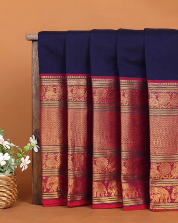 Women's Navy Blue Chettinad Cotton Saree with Rich Maroon Gold Zari Woven Peacock and Elephant Motif Border