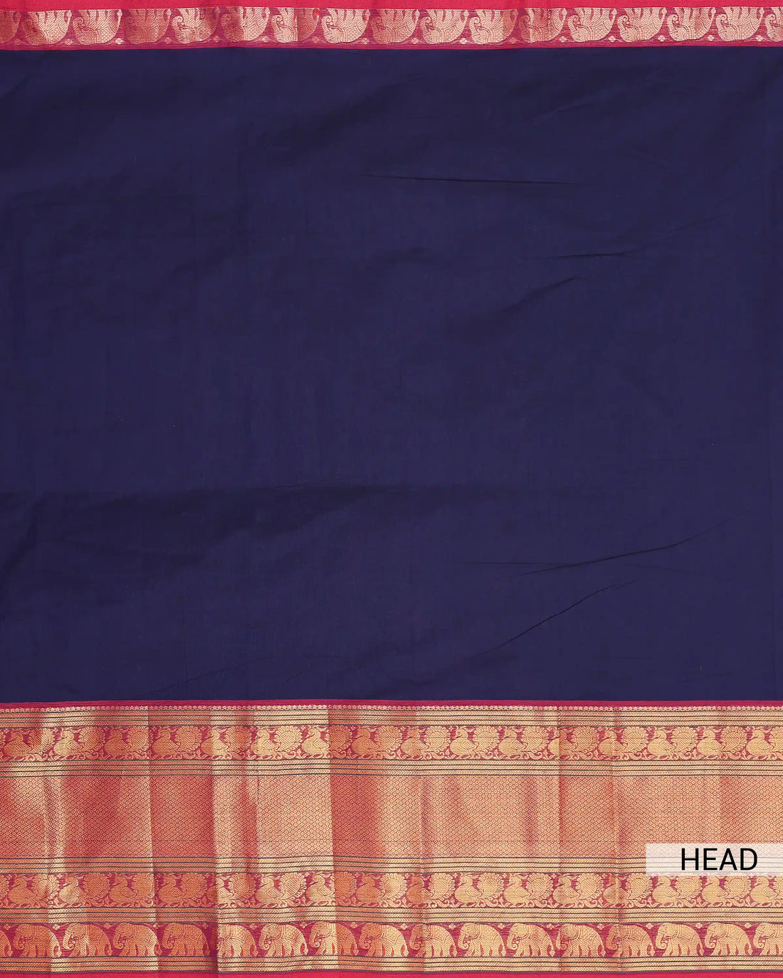 Women's Navy Blue Chettinad Cotton Saree with Rich Maroon Gold Zari Woven Peacock and Elephant Motif Border