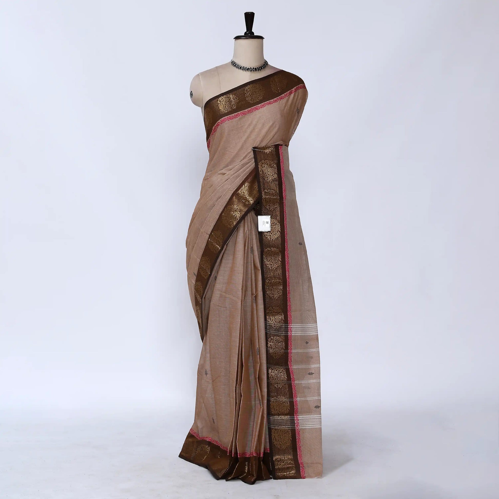 Beige Chettinad Cotton Sarees for Women | Office Wear Daily Wear & Special Occasion | Jeyachandran - Full View
