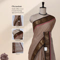 Chettinad cotton saree with floral zari border in beige and dark brown front view on mannequin with detail close ups.