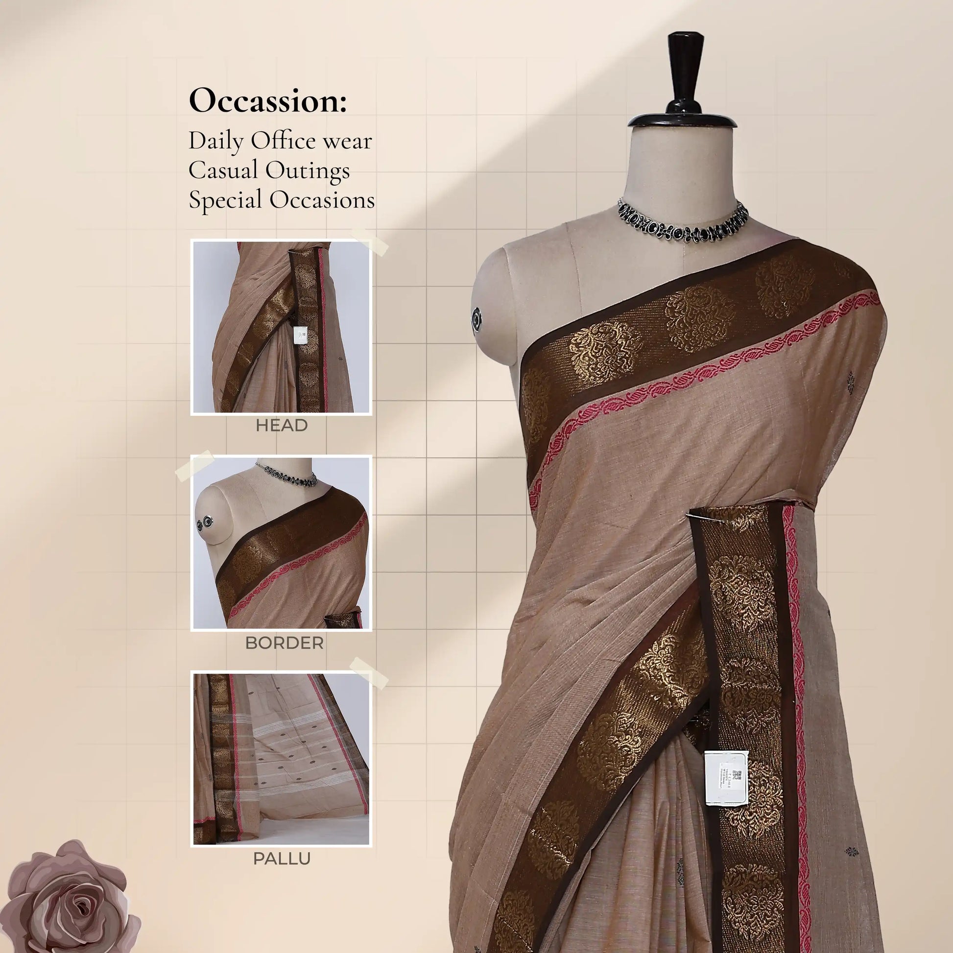 Chettinad cotton saree with floral zari border in beige and dark brown front view on mannequin with detail close ups.