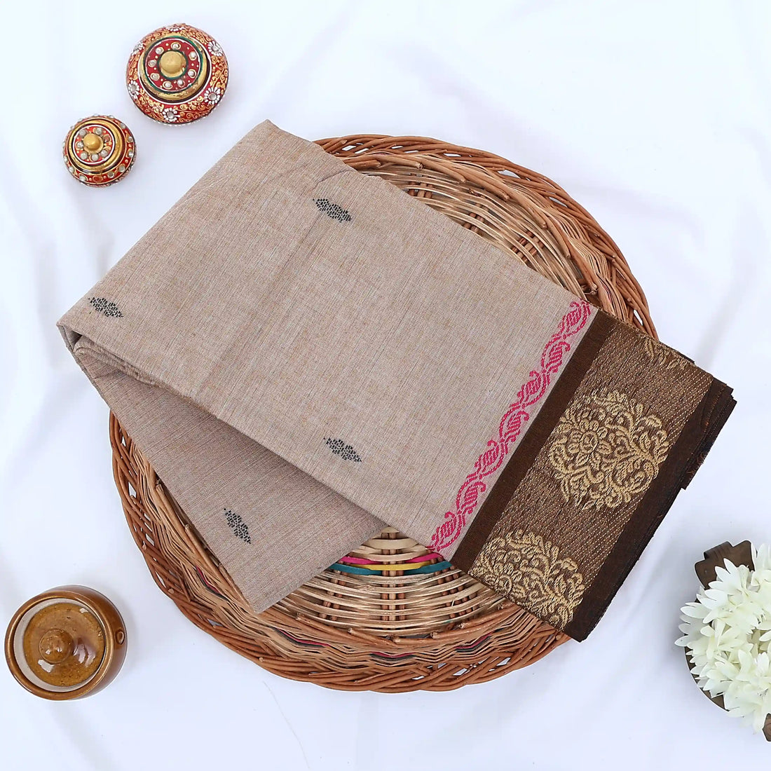 Beige Chettinad Cotton Sarees for Women | Office Wear Daily Wear & Special Occasion | Jeyachandran - Full View