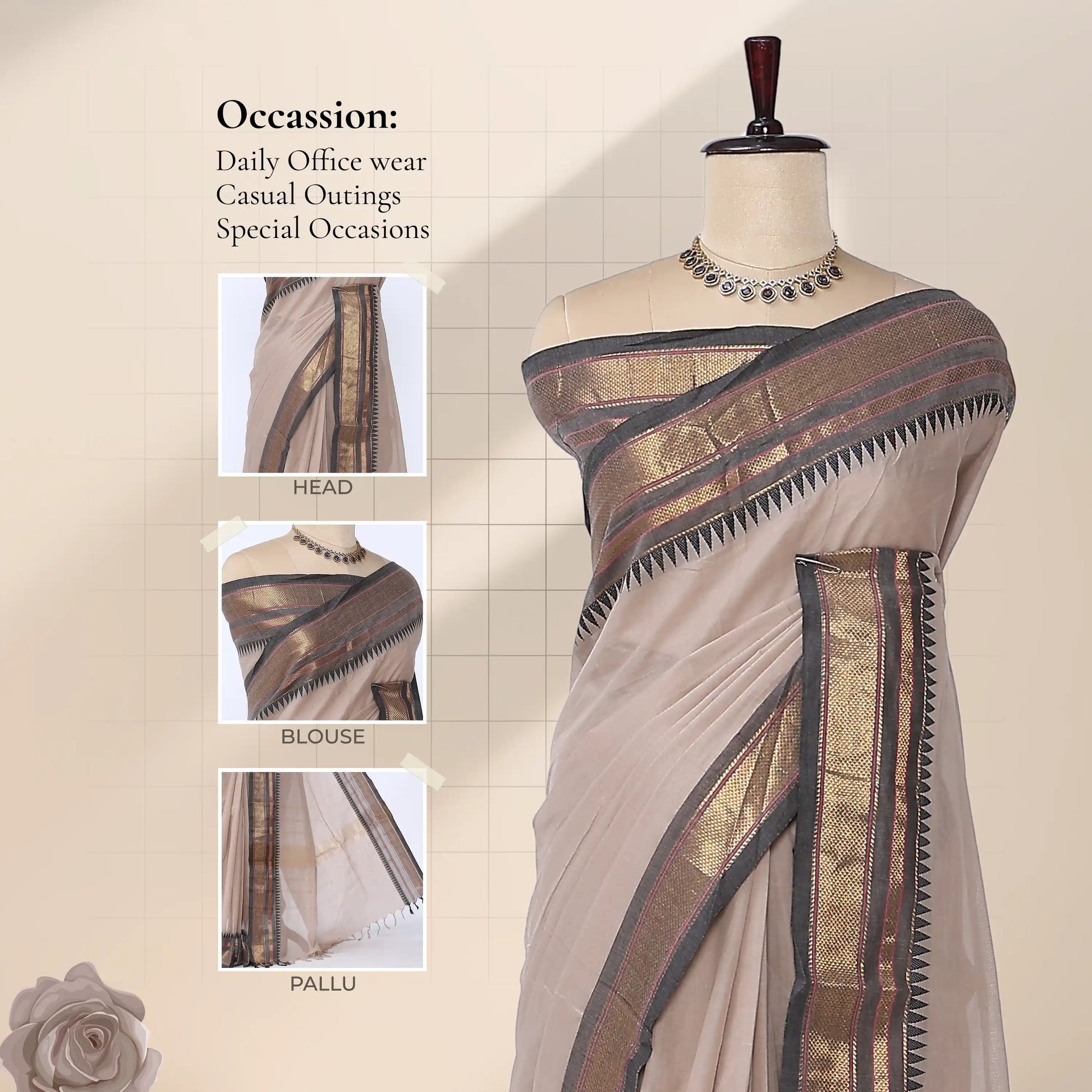 Chettinad cotton saree with wide gold zari temple border in beige front view on mannequin with elegant pallu display.