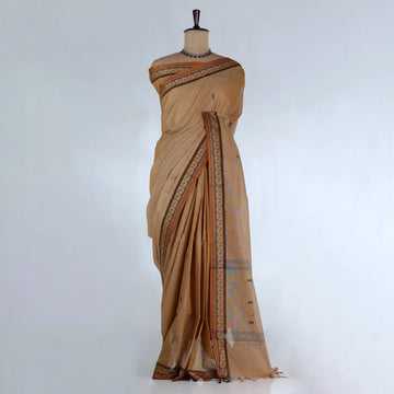 Beige Chettinad Cotton Sarees for Women | Office Wear Daily Wear & Special Occasion | Jeyachandran - Full View