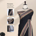 Chettinad cotton saree with plain black body broad temple zari border front draped view on mannequin.