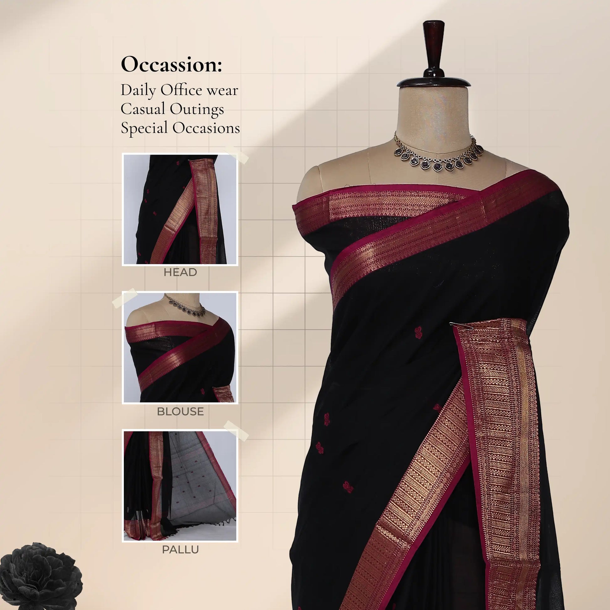 Chettinad cotton saree with maroon zari border in black front view on mannequin with detailed pallu display.