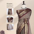 Chettinad cotton saree with zari border in brown and maroon front view on mannequin with detail panels