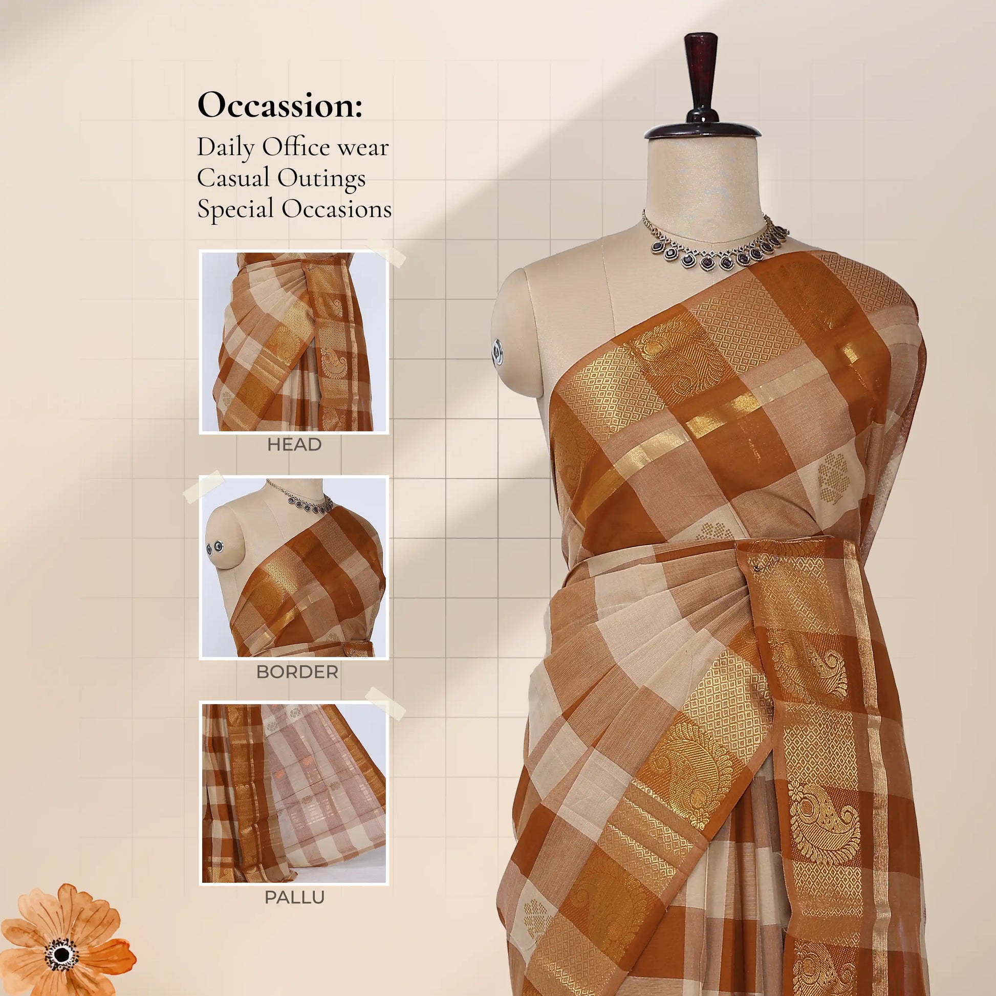 Chettinad cotton saree with paisley zari woven border in beige and brown front draped view on mannequin
