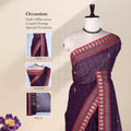 Chettinad cotton saree with checked body broad coin motif zari border in deep purple front draped view on mannequin.