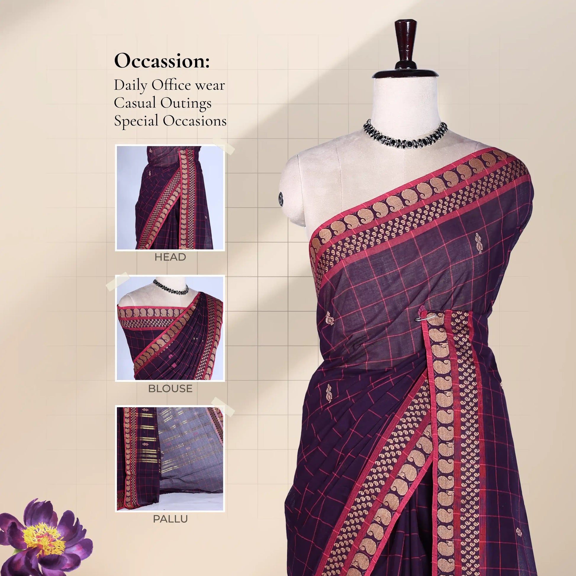 Chettinad cotton saree with checked body broad coin motif zari border in deep purple front draped view on mannequin.