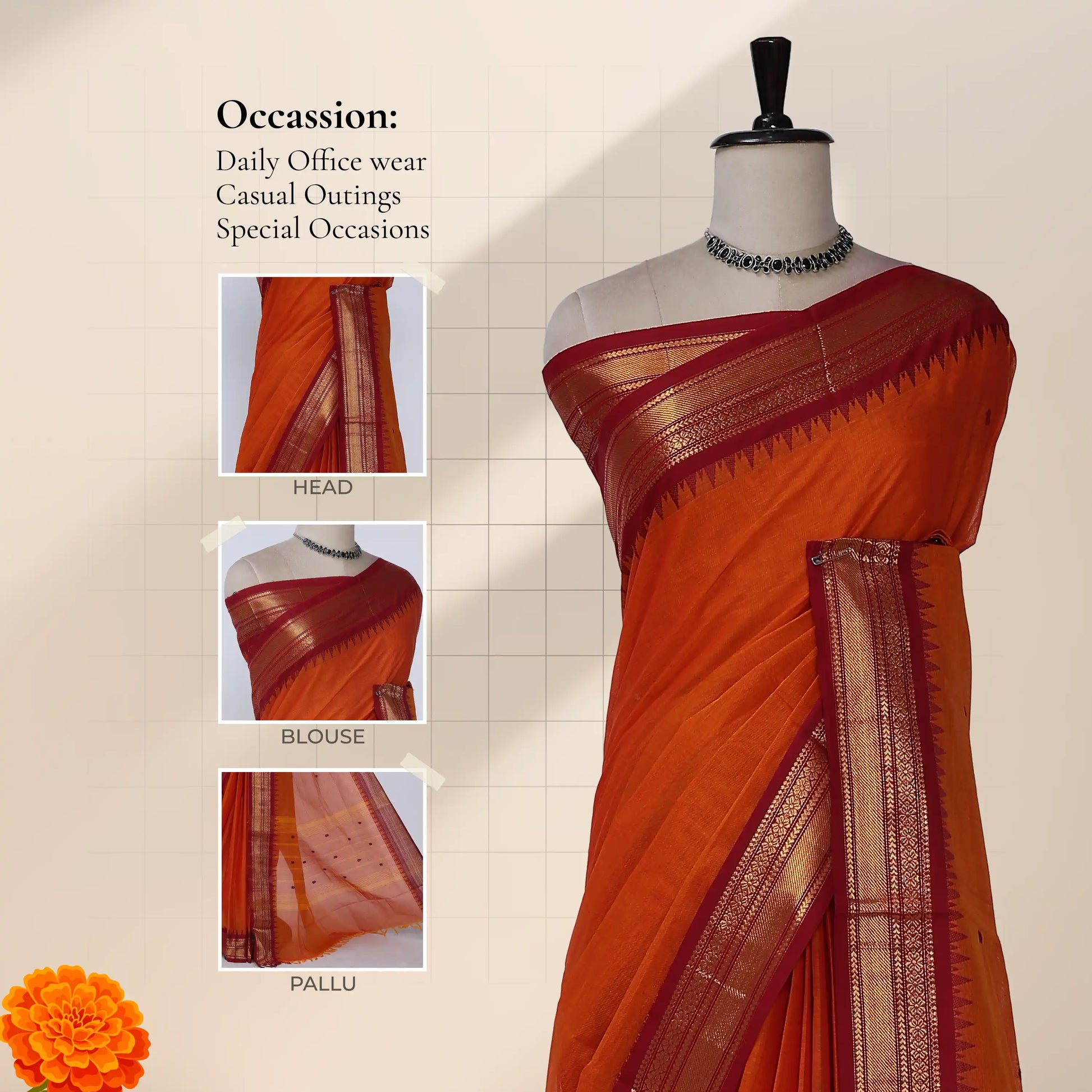 Chettinad cotton saree with maroon zari border in vibrant orange front draped view on mannequin.