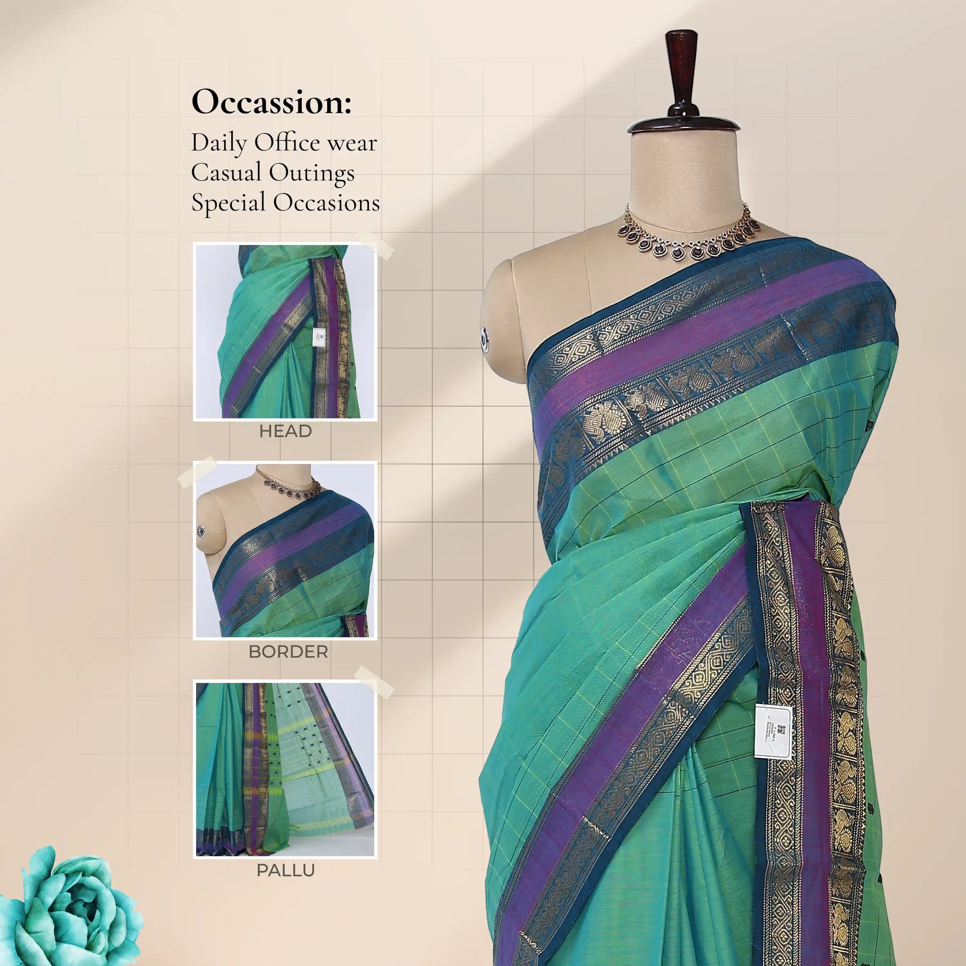 Chettinad cotton saree with temple zari woven border in sea green and purple front draped view on mannequin