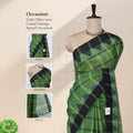 Chettinad cotton saree with temple zari woven border in green and black front draped view on mannequin