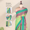 Chettinad cotton saree with striped body peacock motifs contrast zari border front draped view on mannequin
