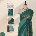 Chettinad cotton saree with zari woven border in teal green front draped view on mannequin