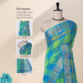 Chettinad cotton saree with floral zari woven border in aqua blue and green front draped view on mannequin