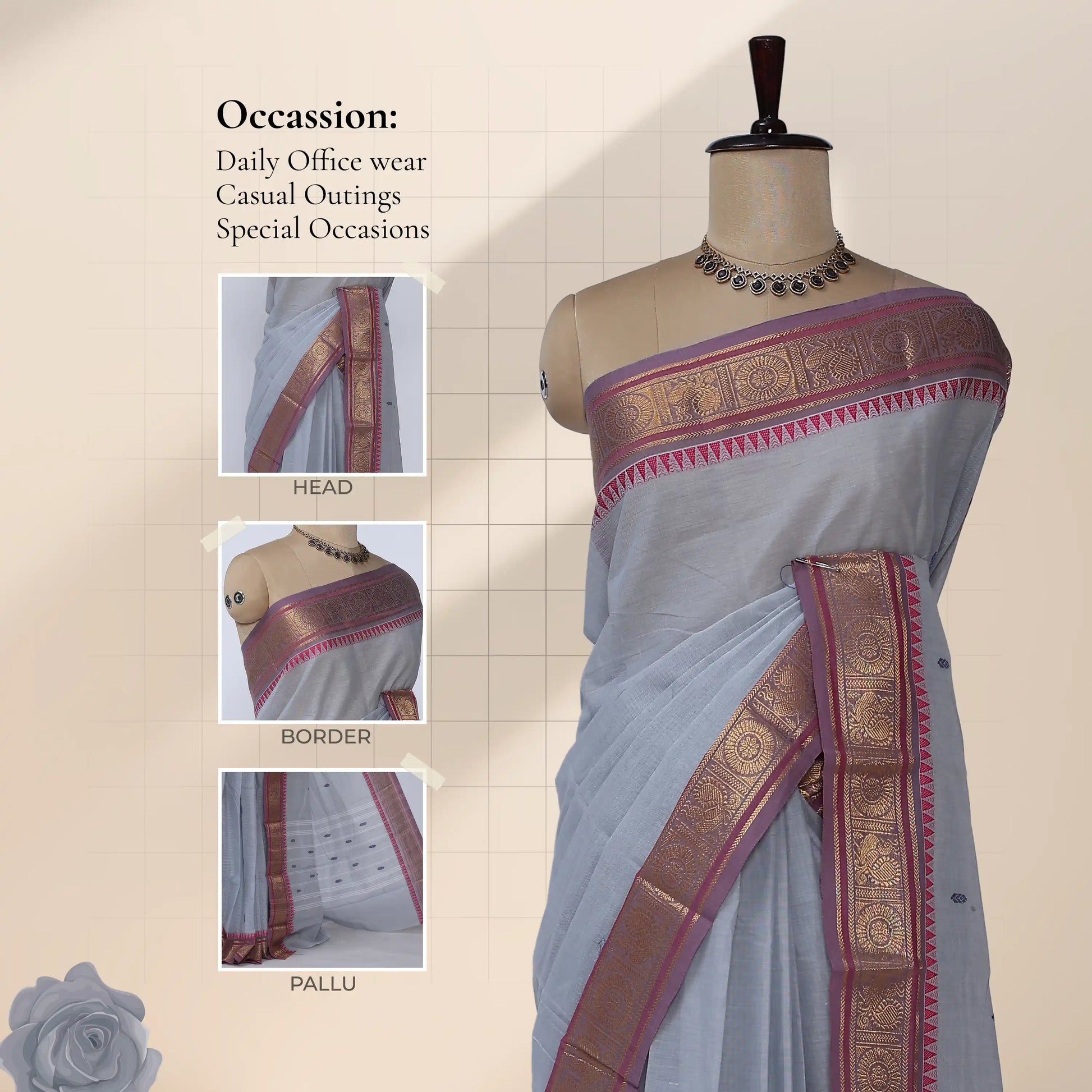 Chettinad cotton saree with zari border in light grey and purple front view on mannequin with detail close ups.