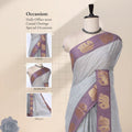 Chettinad cotton saree with elephant zari woven border in grey and onion pink front draped view on mannequin