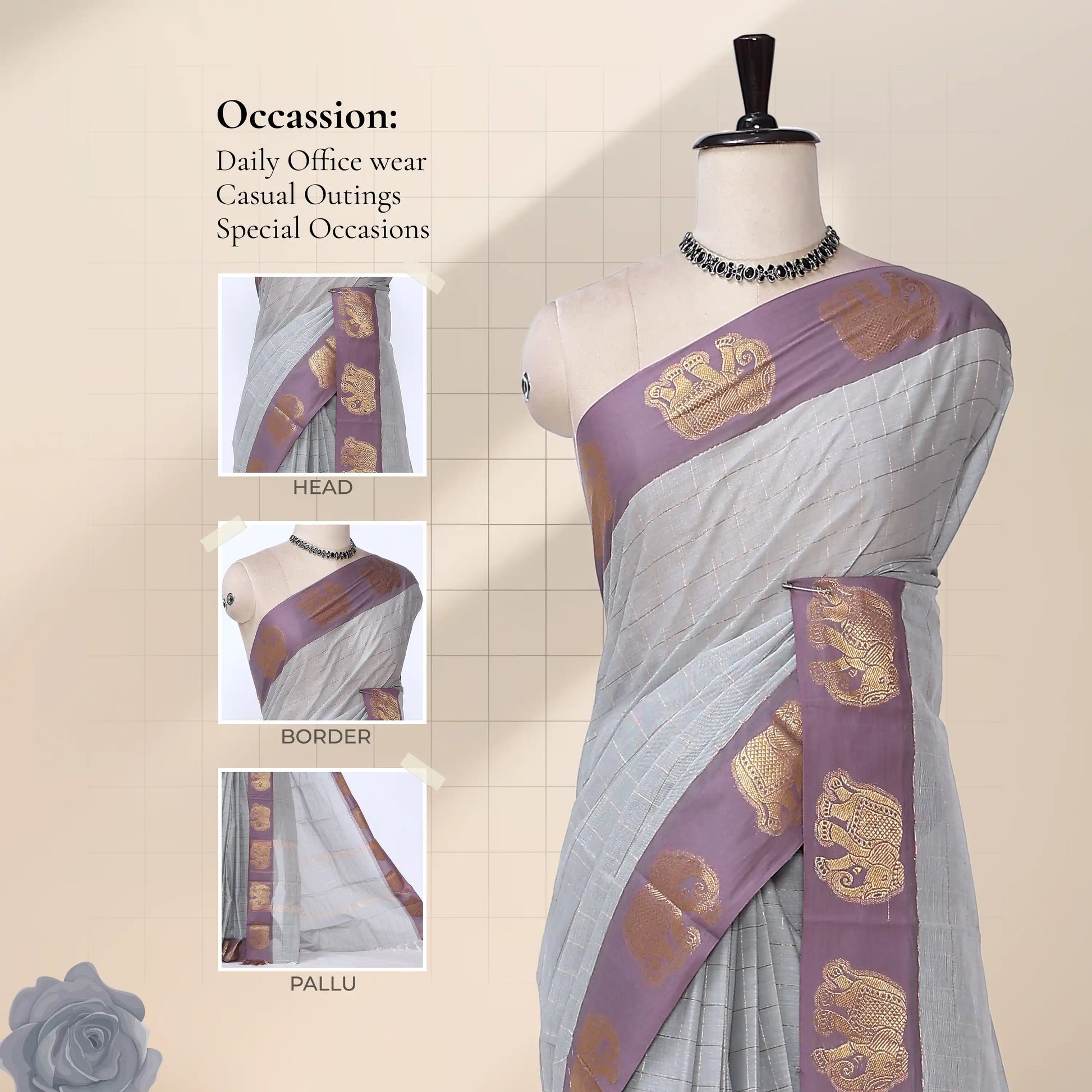 Chettinad cotton saree with elephant zari woven border in grey and onion pink front draped view on mannequin